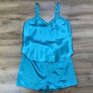 Vintage Size S Nightie Pajama 2 Piece Set Satin Partners Mervyns Teal Bl…